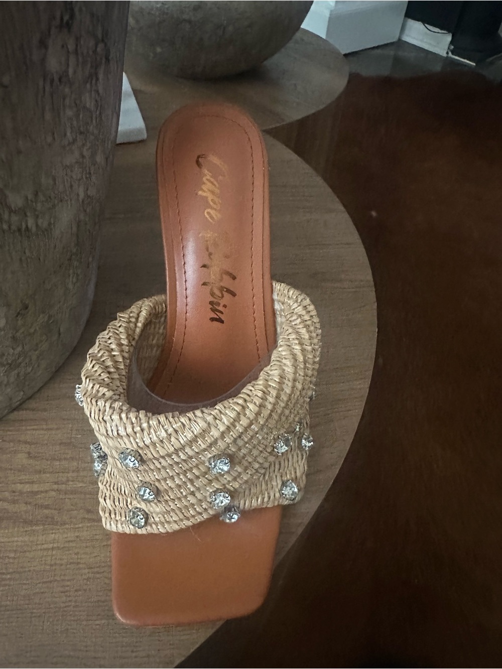 Cape Robbin Neutral Raffia Slide with Crystal Studs